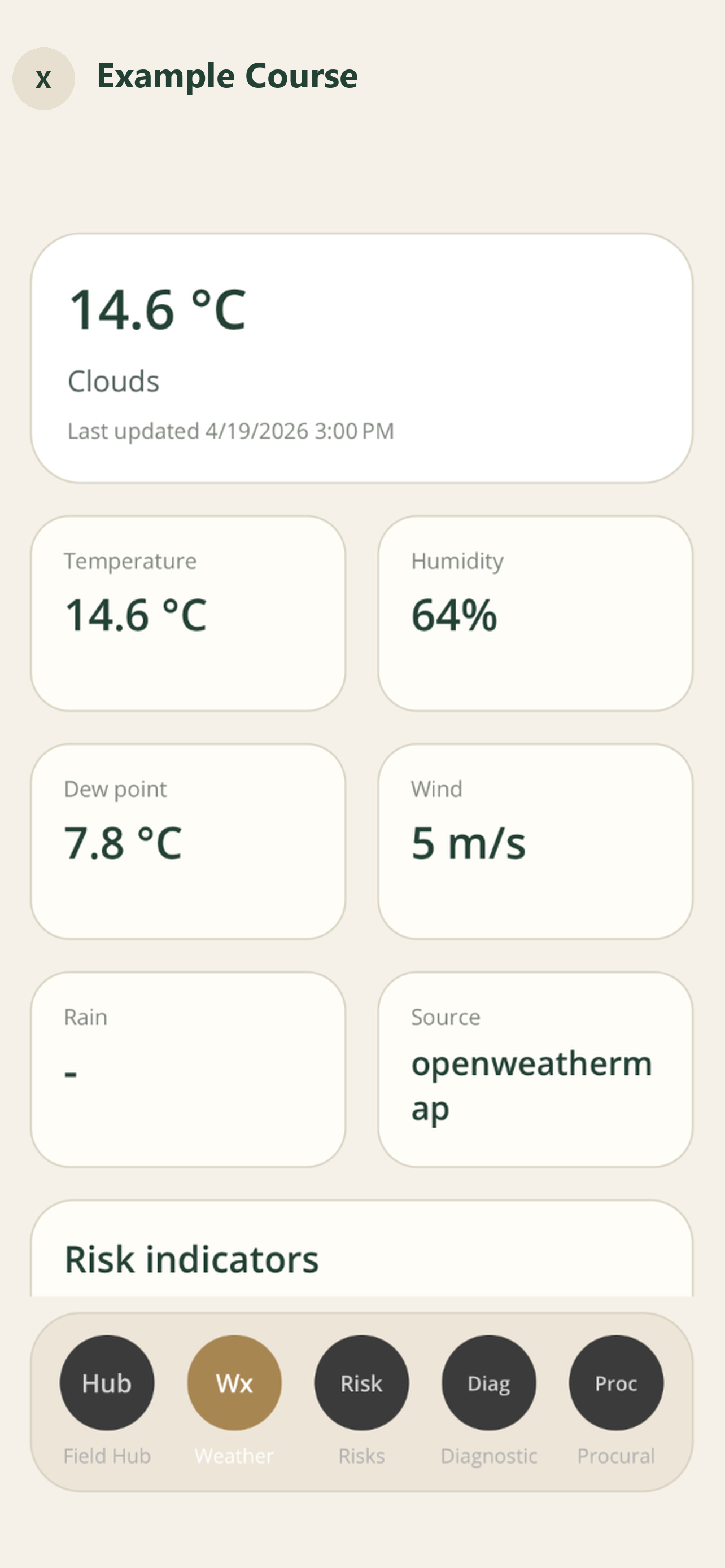 Agronomy Manager mobile weather details with temperature, humidity, dew point and wind