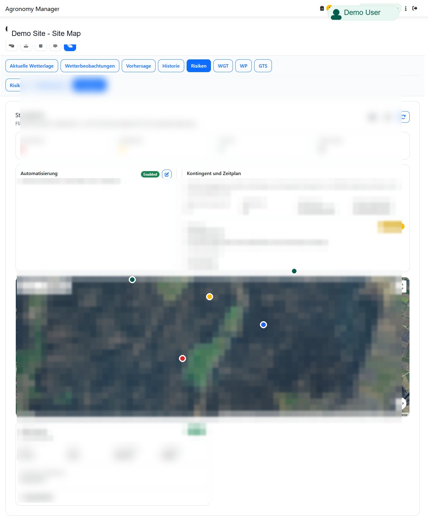 Agronomy Manager map view showing site markers and turf risk distribution across locations.