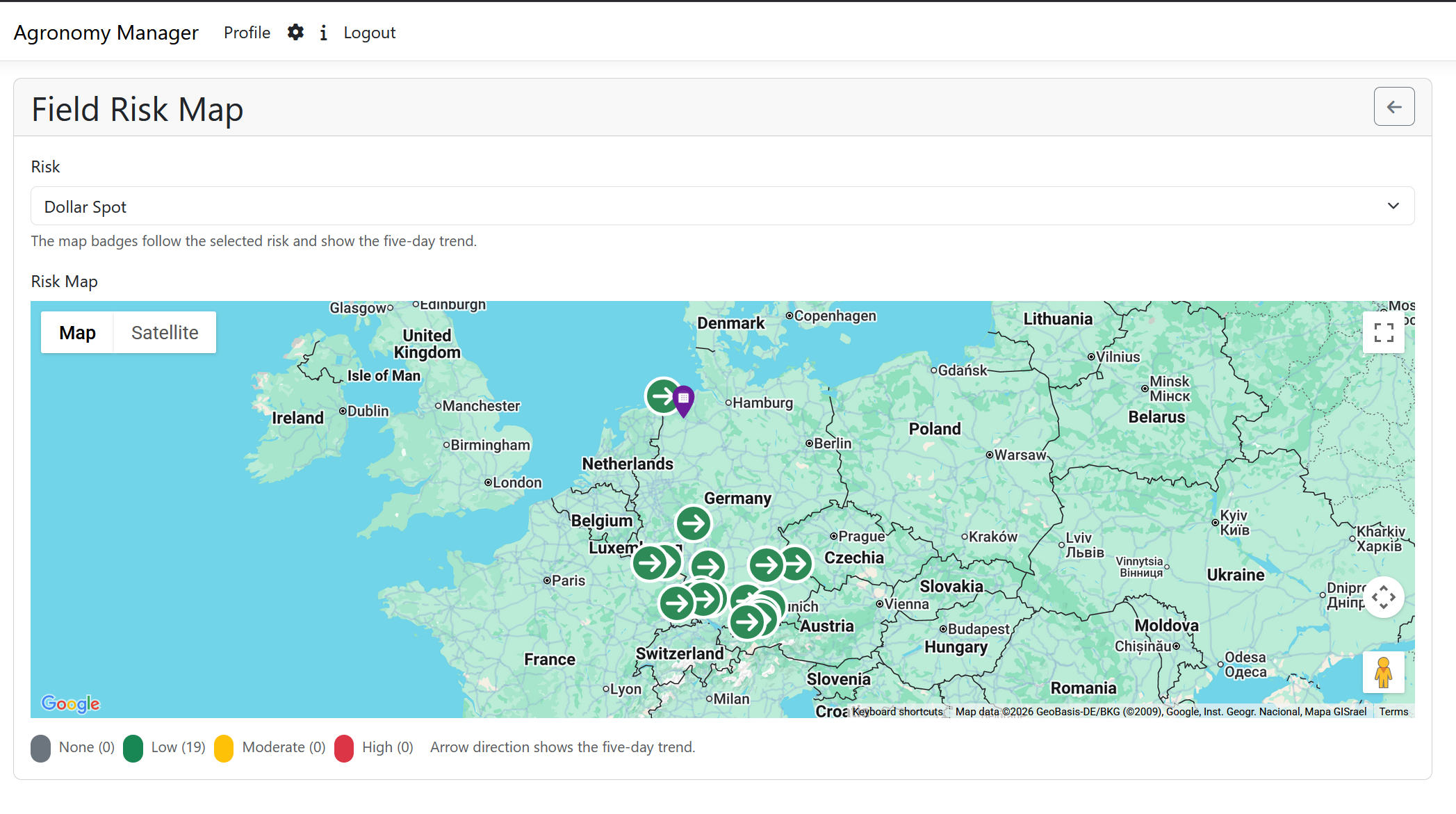 Agronomy Manager map view showing site markers and turf risk distribution across locations.